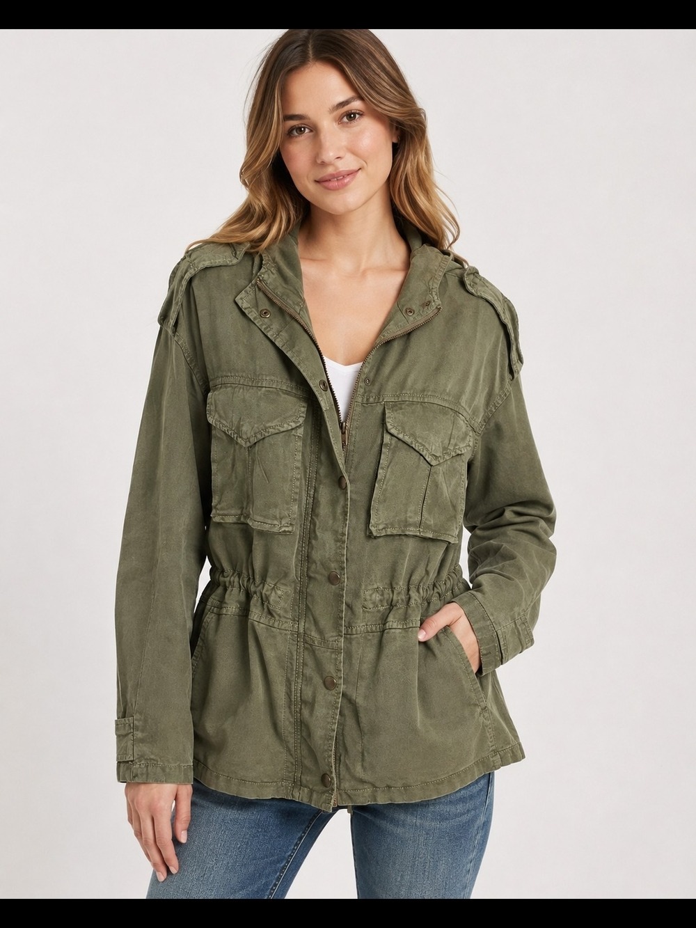 American Eagle Utility Jacket Womens Small Olive Green Cinch Waist Hooded NWOT